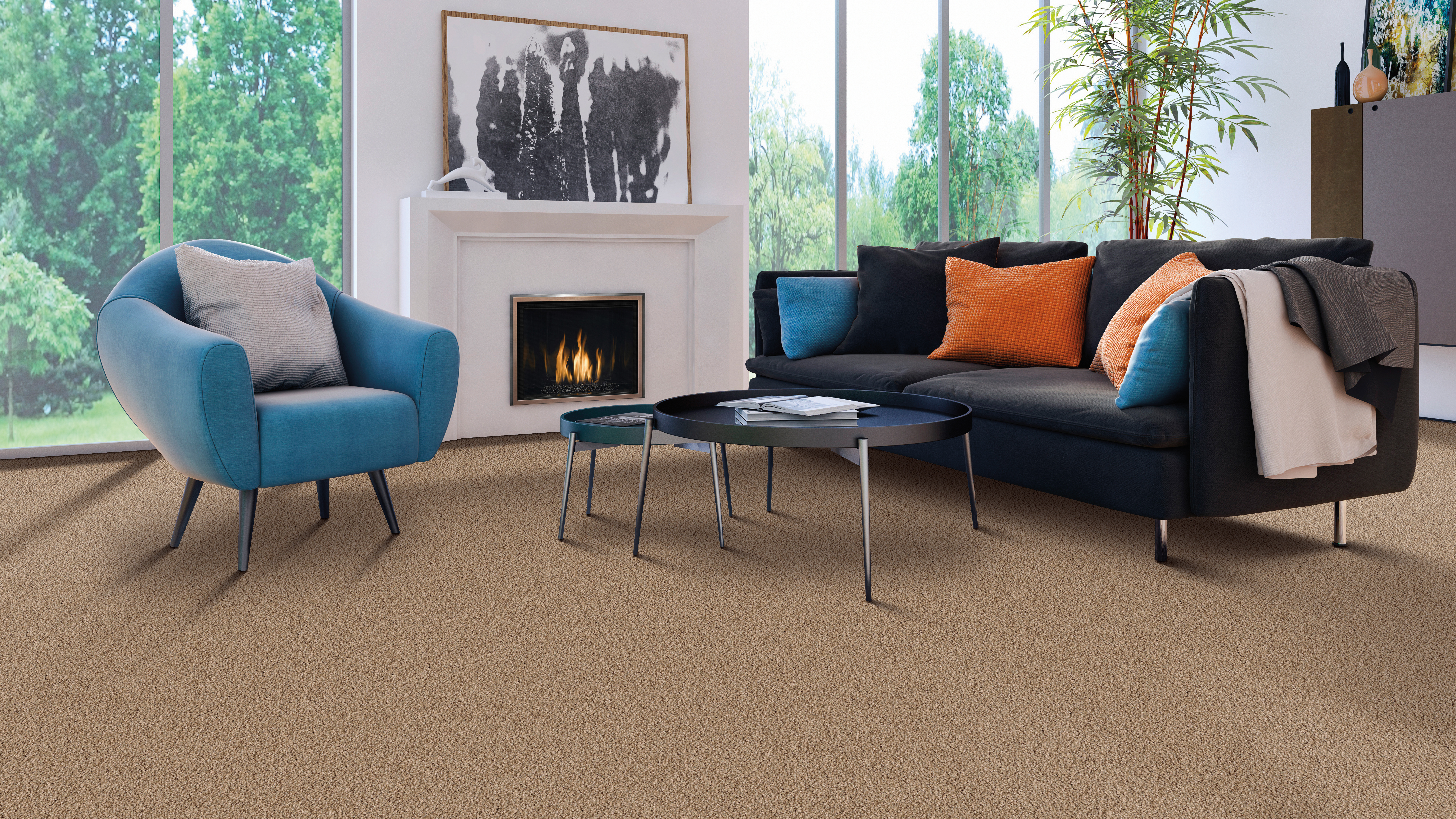 carpet flooring with a white fire place and a blue chair 